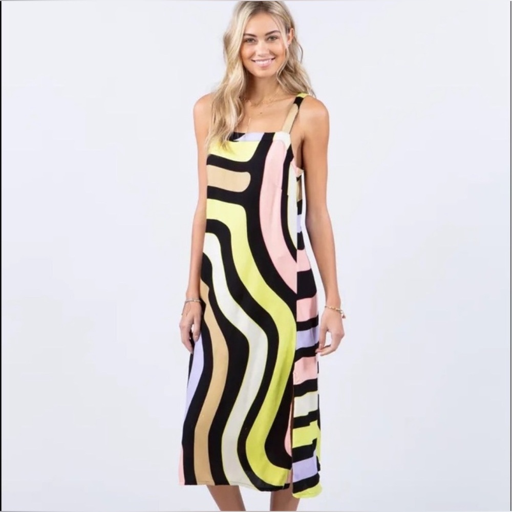 Rip Curl - Black and Multi Pastel Wave Midi Glider Dress Sz. Small